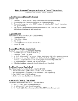 Directions to Off-Campus Activities of Green Vale Students