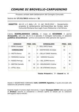 COMUNE DI BROVELLO-CARPUGNINO ______Processo Verbale Delle Deliberazioni Del Consiglio Comunale