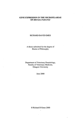 Gene Expression in the Microfilariae of Brugia Pahangi