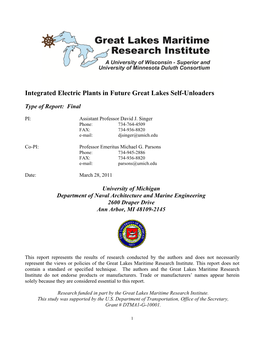 Evaluation of Integrated Electric Plants for Great Lakes Self-Unloaders