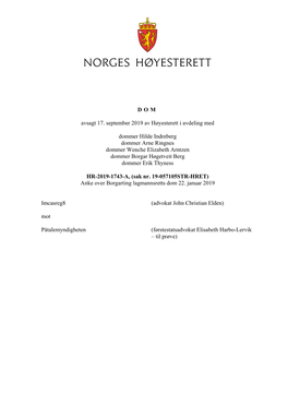 D O M Avsagt 17. September 2019 Av Høyesterett I Avdeling Med Dommer