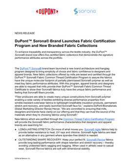 Dupont™ Sorona® Brand Launches Fabric Certification Program and New Branded Fabric Collections