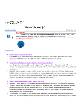 The Week That Went By! Weekly News Page Jan 1St - Jan 7Th G.K Snippets … - India Will Start Its 8Th Stint As a Non-Permanent Member of the UN Security Council