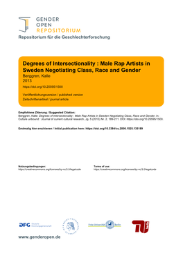 Male Rap Artists in Sweden Negotiating Class, Race and Gender Berggren, Kalle 2013