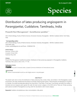 Distribution of Latex Producing Angiosperm in Parangipettai, Cuddalore, Tamilnadu, India