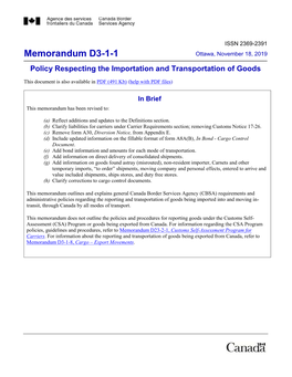 Memorandum D3-1-1 Ottawa, November 18, 2019 Policy Respecting the Importation and Transportation of Goods