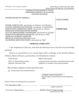 UNITED STATES DISTRICT COURT NORTHERN DISTRICT of ILLINOIS EASTERN DIVISION UNITED STATES of AMERICA V. DANIEL SAMUEL ETA, Also