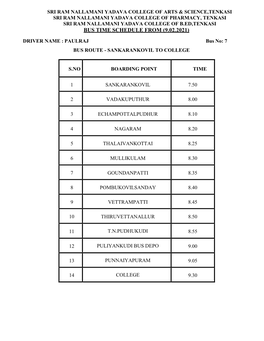 Bus Time Schedule from (9.02.2021)