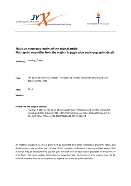 The Dawn of the Secular State? Heritage and Identity in Swedish Church and State Debates 1920–1939