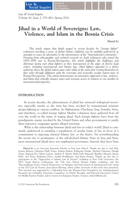 Jihad in a World of Sovereigns: Law, Violence, and Islam in the Bosnia Crisis