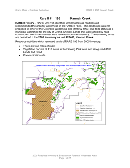 Rare II # 195 Kannah Creek RARE II History – RARE Unit 195 Identified 29,650 Acres As Roadless and Recommended the Area for Wilderness in the RARE II FEIS