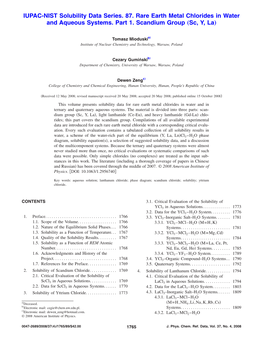 IUPAC-NIST Solubility Data Series. 87. Rare Earth Metal Chlorides in Water and Aqueous Systems