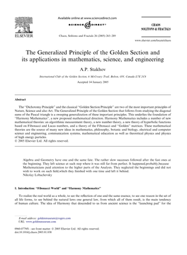 The Generalized Principle of the Golden Section and Its Applications in Mathematics, Science, and Engineering