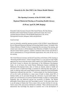 Remarks by Dr. Zhu CHEN, the Chinese Health Minister at the Opening Ceremony of the ECOSOC AMR Regional Ministerial Meeting On