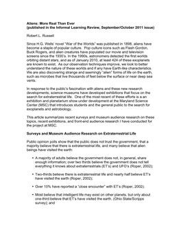 Aliens: More Real Than Ever (Published in the Informal Learning Review, September/October 2011 Issue) Robert L. Russell Since H