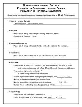 Nomination of Historic District Philadelphia Register of Historic Places Philadelphia Historical Commission