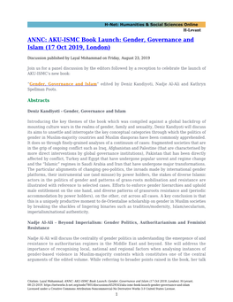 AKU-ISMC Book Launch: Gender, Governance and Islam (17 Oct 2019, London)