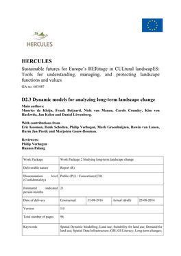 HERCULES Sustainable Futures for Europe’S Heritage in Cultural Landscapes: Tools for Understanding, Managing, and Protecting Landscape Functions and Values GA No