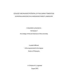 Ecology and Invasive Potential of Paulownia Tomentosa