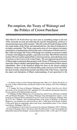 Pre-Emption, the Treaty of Waitangi and the Politics of Crown Purchase
