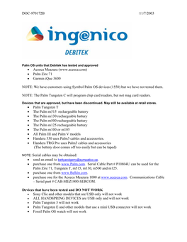 Palm OS Units Debitek Has Tested and Approves