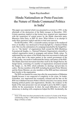 Hindu Nationalism Or Proto-Fascism: the Nature of Hindu Communal Politics in India*