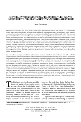 Settlement Organization and Architecture in Late Intermediate Period Chachapoyas, Northeastern Peru