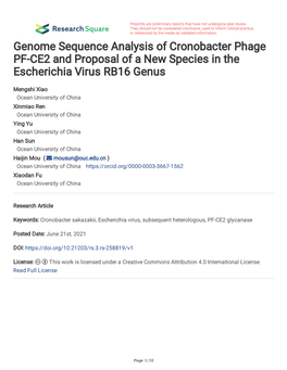 Genome Sequence Analysis of Cronobacter Phage PF-CE2 and Proposal of a New Species in the Escherichia Virus RB16 Genus