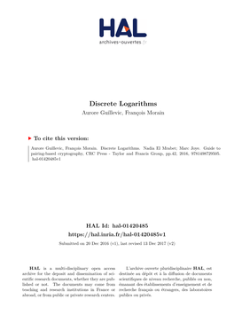 Discrete Logarithms Aurore Guillevic, François Morain