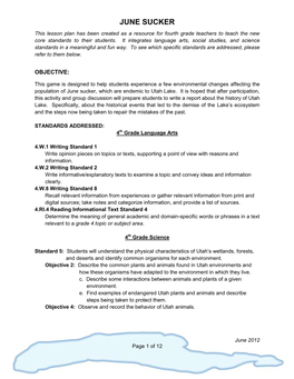 JUNE SUCKER This Lesson Plan Has Been Created As a Resource for Fourth Grade Teachers to Teach the New Core Standards to Their Students