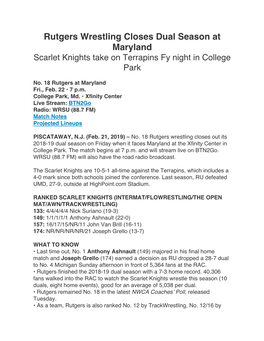 Rutgers Wrestling Closes Dual Season at Maryland Scarlet Knights Take on Terrapins Fy Night in College Park