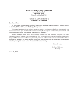 MICHAEL BAKER CORPORATION Airside Business Park 100 Airside Drive Moon Township, PA 15108