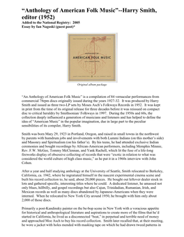 Anthology of American Folk Music”--Harry Smith, Editor (1952) Added to the National Registry: 2005 Essay by Ian Nagoski (Guest Post)*