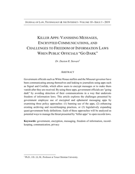 Killer Apps: Vanishing Messages, Encrypted Communications, and Challenges to Freedom of Information Laws When Public Officials “Go Dark”