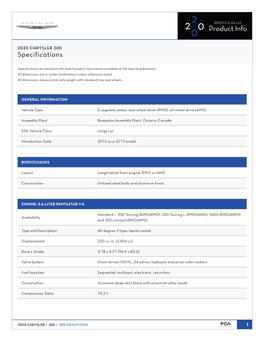 2020 CHRYSLER 300 Specifications