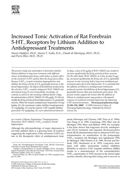 Increased Tonic Activation of Rat Forebrain 5-HT1A Receptors by Lithium Addition to Antidepressant Treatments