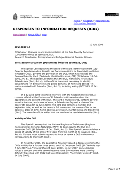 Changes to and Implementation of the Sole Identity Document (Documento Único De Identidad, DUI) Research Directorate, Immigration and Refugee Board of Canada, Ottawa