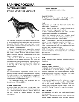 LAPINPOROKOIRA (LAPPONIAN HERDER) Herding Dog Group Official UKC Breed Standard ©Copyright 2006, United Kennel Club