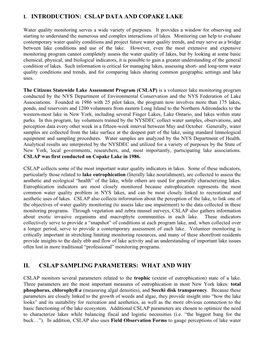 I. Introduction: Cslap Data and Copake Lake Ii. Cslap Sampling Parameters: What And