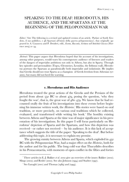 Speaking to the Deaf: Herodotus, His Audience, and the Spartans at the Beginning of the Peloponnesian War