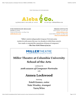 Miller Theatre Presents a Composer Portrait of ANNEA LOCKWOOD, 11/14 10/16/19, 2�45 PM