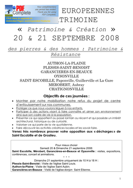 Journees Europeennes Du Patrimoine 20 & 21 Septembre 2008