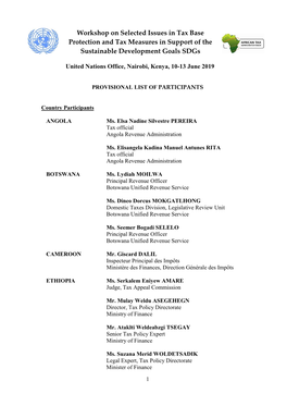 Workshop on Selected Issues in Tax Base Protection and Tax Measures in Support of the Sustainable Development Goals Sdgs