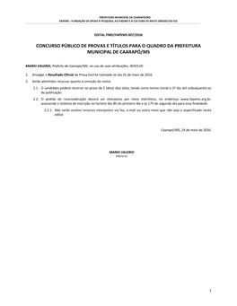 Concurso Público De Provas E Títulos Para O Quadro Da Prefeitura Municipal De Caarapó/Ms