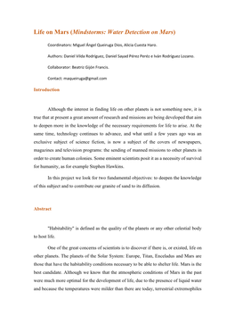 Life on Mars (Mindstorms: Water Detection on Mars)