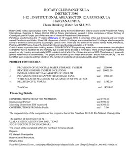 ROTARY CLUB PANCHKULA DISTRICT 3080 I-12 , INSTITUTIONAL AREA SECTOR 12 a PANCHKULA HARYANA INDIA Clean Drinking Water for SLUMS