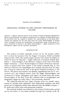 ADDITIONAL STUDIES on the JURASSIC TRIGONIIDAE of POLAND the Studies on Polish Trigoniids Carried out by the Present Author Firs