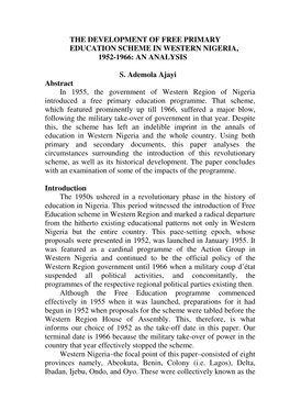 The Development of the Free Primary Education Scheme in the Region Between 1952 and 1966