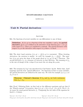 Unit 9: Partial Derivatives
