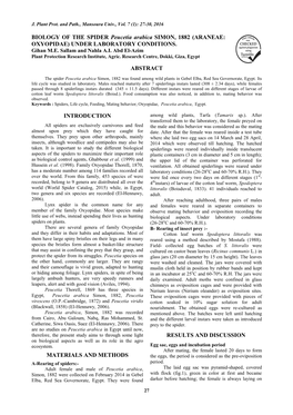 BIOLOGY of the SPIDER Peucetia Arabica SIMON, 1882 (ARANEAE: OXYOPIDAE) UNDER LABORATORY CONDITIONS